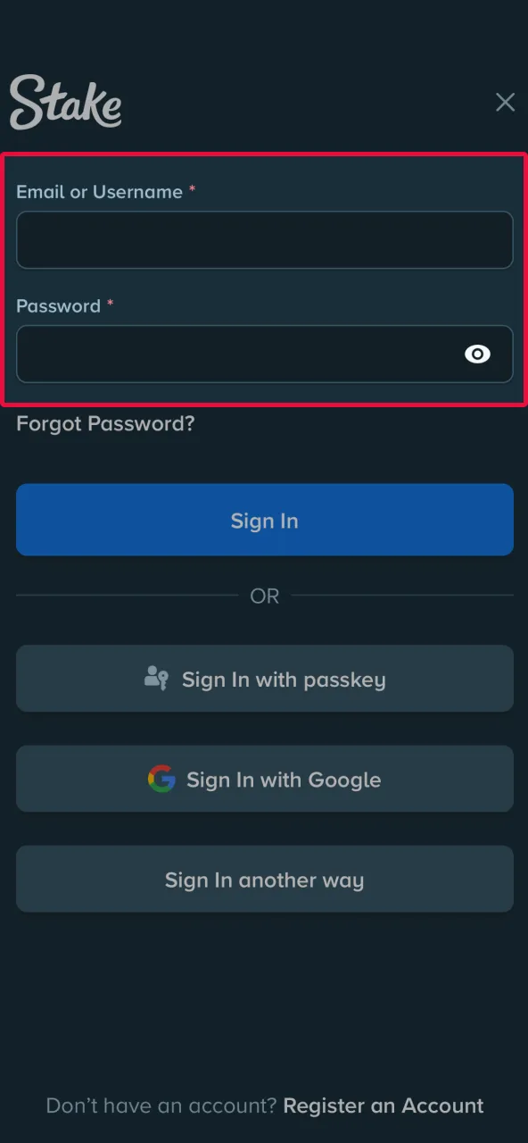 Enter your login details to your personal account on the Stake website.