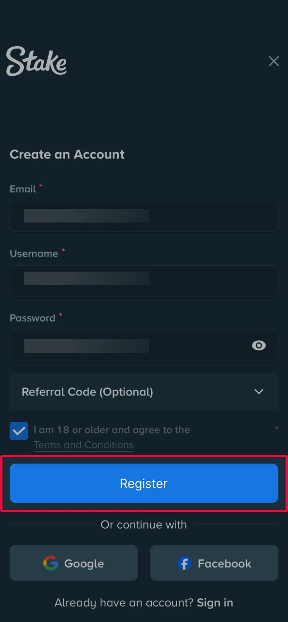 Review your details and complete your Stake registration.