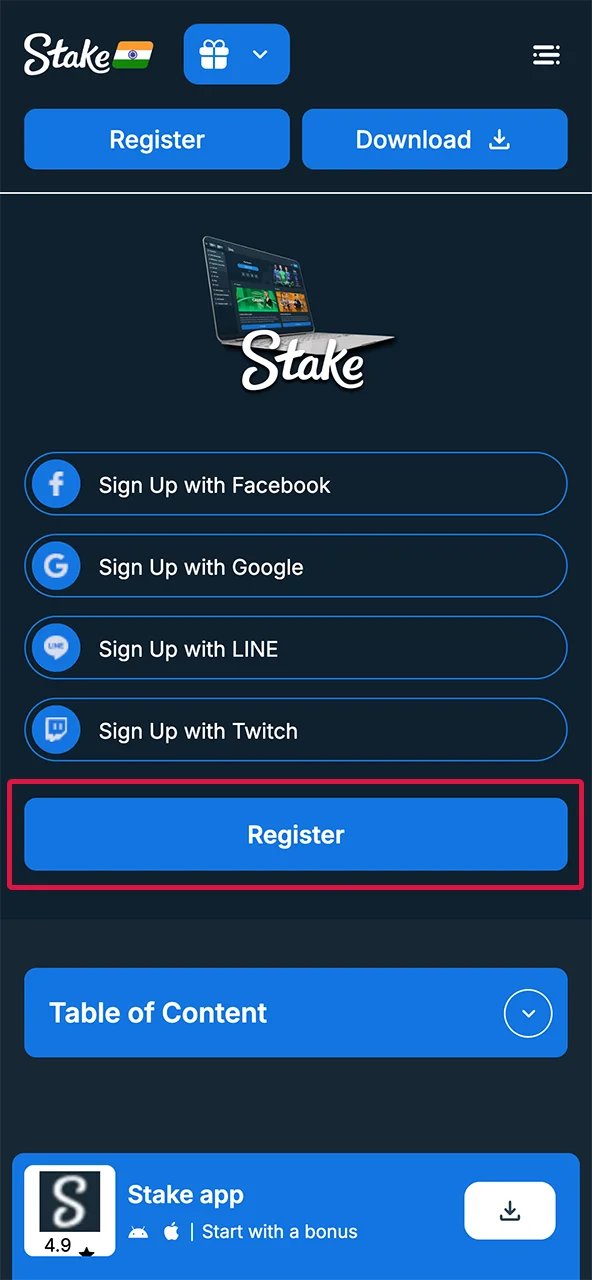 Open the official Stake website and start registration.